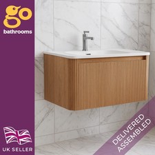 Oak Ribbed Vanity Unit Wave 800mm Wall Hung Sink Unit & Ceramic White Basin