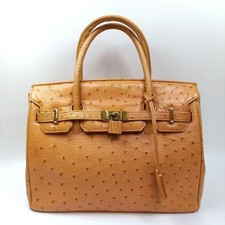 Ostrich Leather Top Handle Tote Bag Camel Orange Gold Hardware Belt Padlock Key