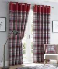 Lined Curtains Tartan Check Eyelet Ring Pair Red Charcoal Grey Ochre Blue Drapes