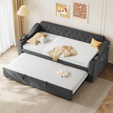 Daybed Single Upholstered Bed Frame with Trundle, Sofa Bed with Charging Station