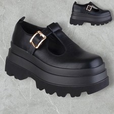 WOMENS LADIES GOTH PUNK CHUNKY WEDGE HEEL PLATFORM MARY JANE T-BAR SHOES SIZE