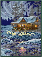 Counted Cross Stitch Kit 14 ct Night Cabin Home Snow 21x30cm Joy Sunday DIY UK