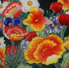 Flower hand painted ceramic art tile 8 x 8 inches with fiberboard back