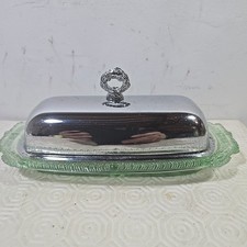 Vintage Retro Art Deco Design Chrome Top and Green Glass Butter Dish 1930s 1940s