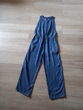 Zara Trafaluc Denim Blue Jumpsuit Front Slit Lyocell Boho Retro Pockets Size S