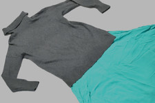 Sandro Paris Grey Wool Knit & Aqua Silk Contrast Midi Dress – UK 6 