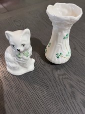 2 X Beleek ornaments cat & Vase Irish shamrock design 