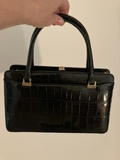Vintage  1950's bag Leather Faux Crocodile Skin Black Frame 