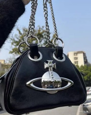 Vivienne Westwood Accord Shoulder Bag Handbag Black Big Orb Chain Leather ④