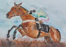 ORIGINAL HORSE RACING WATERCOLOUR PAINTING CONTEMPORARY EQUINE ART SPORT