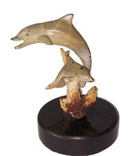 SPI Gallery: 2 Dolphins Swimming+Corrals Cast In Last Wax Brass On Marble Base .