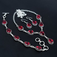 Garnet Gemstone Handmade Sterling Silver Necklace+ Earring Jewelry Set For Gifts