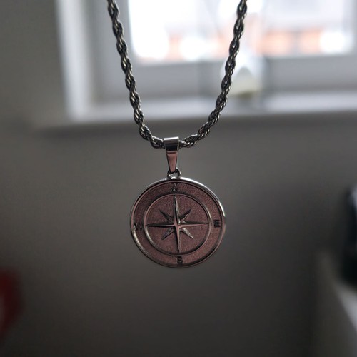 Silver compass necklace mens - silver, necklace,
