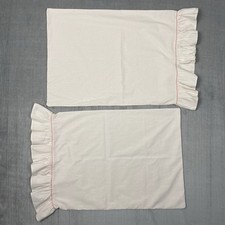 Vtg Laura Ashley SET of 2 Pillowcases Pink Stripe Ticking Ruffle 20x30 USA Made