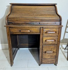 Edwardian Oak Tambour Front Roll Top Lebus Desk 