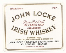 Irish Locke Whiskey Label Unblended 10 Year Old Ireland Kilbeggan Brusna