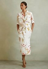 REISS Faya Floral Print Belted Midi Dress in Ivory/Orange in UK Sizes 6 & 8