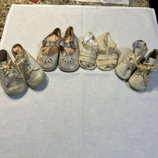 Lot 4 Pr Old VTG Leather Childs Toddler Baby  Shoes White Distressed