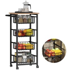 HOMCOM 4-Tier Kitchen Island on Wheels with 4 Pull-Out Baskets, Oak