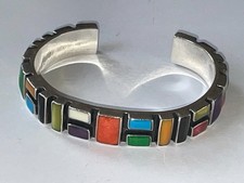 Vintage Tianguis Jackson Sterling Silver Hardstone & Glass Set Cuff Bangle C474