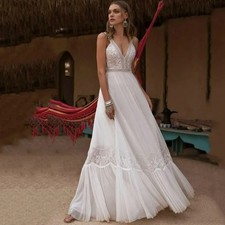 Boho A-Line Wedding Dresses V-Neck Sleeveless Lace Appliques Beach Bridal Gowns