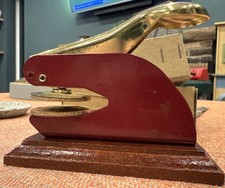 Vintage Red & Gold Notary Seal Press Embosser on Wooden Base – Office Decor