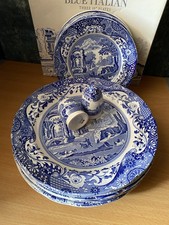 Spode Italian Blue And White Dinner Plates With Sides And Pots For Six
