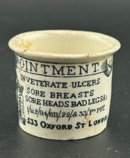 Antique Holloways Ointment Pot Cure for Ulcers Sore Breasts Heads + Bad Legs (2)