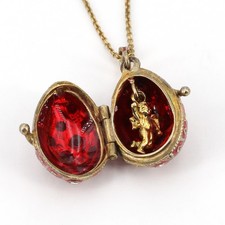 Vintage Sterling Red Enamel Faberge Inspired Egg Locket Angel Pendant Necklace