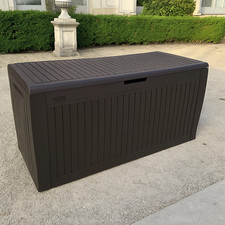 Keter 270L Garden Storage Box Wood Effect Brown Outdoor Weatherproof Patio Bench