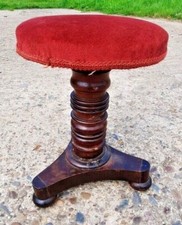 Antique Turned Wooden Piano Music Stool Wood Pedestal - Red Upholstery - Pub 
