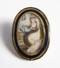 Rare antique Georgian sepia gold tone gilt mourning brooch hand painted, birds