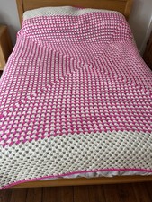 Vintage Handmade Granny Bed Crochet Blanket Throw Cream & Pink 210cm x 218cm