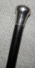 Edwardian Ebonized Walking Stick / Cane - Hallmarked Engraved Silver Top 1916