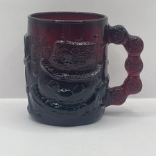 Vtg Ruby Red Snowman Glass Mug/Cup Arcoroc France 3D Face Snowflakes Christmas
