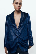 ZARA Woman Blue Velvet Blazer Jacket M 12 Blogger Evening Glitter Xmas Oversize