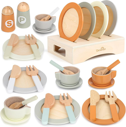 Wooden play dishes and plates - play,