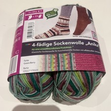 Crelando ‘anika’ sock Yarn 75% virgin wool 2 x 100g green mauve purple 4ply
