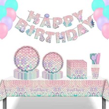 Mermaid Birthday Decorations Tableware Party Supplies, Balloons Banner Set