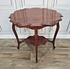 Antique Mahogany Edwardian Window Centre Side Table  Scalloped Top 2 Tier Wooden