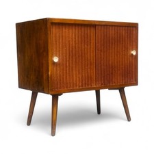 MID CENTURY WALNUT RECORD CABINET C1960s RETRO TAMBOUR DOORS