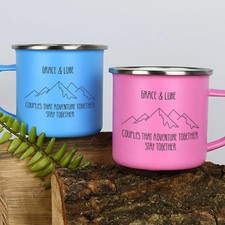 Personalised Adventure Together Enamel Camping Mug Set Outdoor Metal Engraved