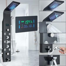Black LED Shower Panel Column Tower Stainless Steel Rain Massage Body Jets Mixer