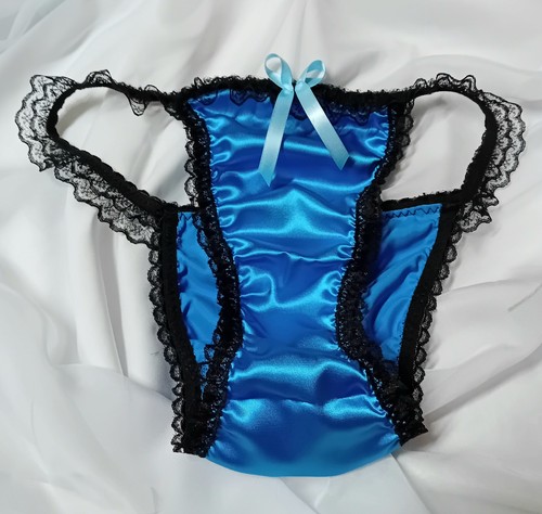 Blue silky satin frilly tanga - satin,