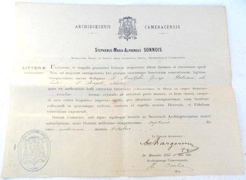Latin reliquary certificate - certificate, of