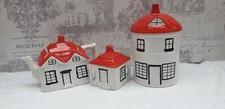  RED AND WHITE KENSINGTON YE OLD COTTAGE TEAPOT, SUGAR POT/LID & COOKIE BARREL. 