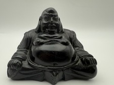Carved Black Soapstone Laughing Buddha Statue 9cm – Vintage Oriental Figurine