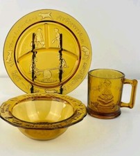 Tiara Amber Glass Children Baby Nursery Rhyme Christening Plate, Bowl & Mug set