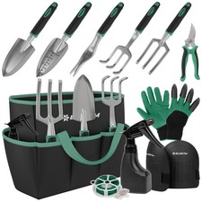BLOSTM Gardening Tools Set Hand Fork Weeder Shovel Trowel Bag Green 11 Piece