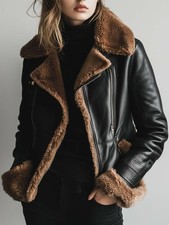 Women’s Black Shearling Leather Jacket – Genuine Sheepskin Aviator Coat Fur Trim